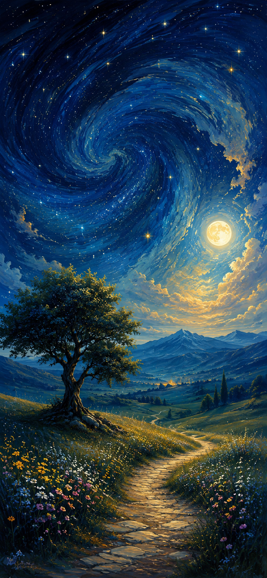 Painterly countryside with swirling stars, moon, mountains, flowers, and a solitary tree.