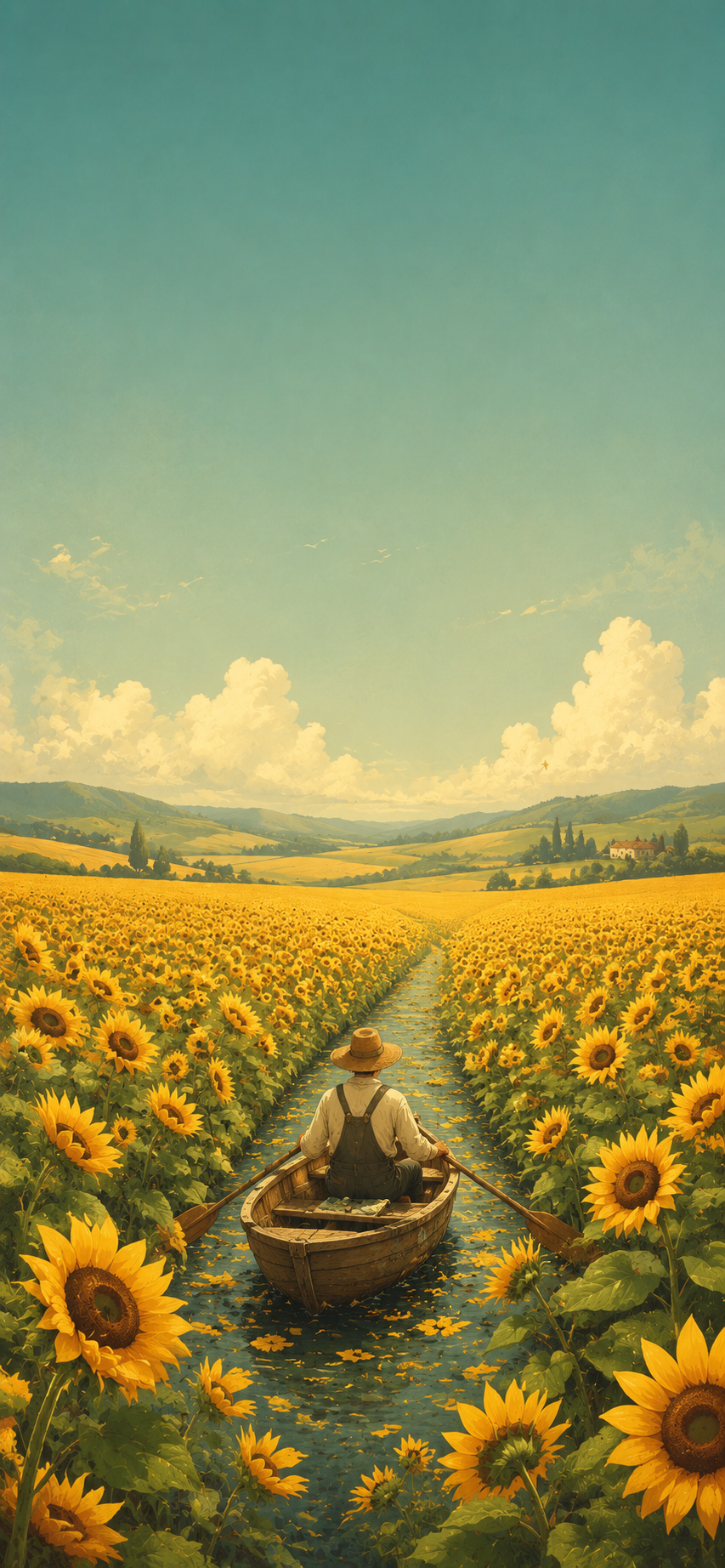 Illustrated farmer rowing a wooden boat through a vast sunflower field beneath a calm teal sky.