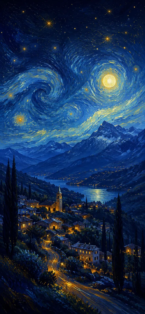 Painterly night landscape with swirling stars, golden moon, and glowing village lights over layered blue mountains.