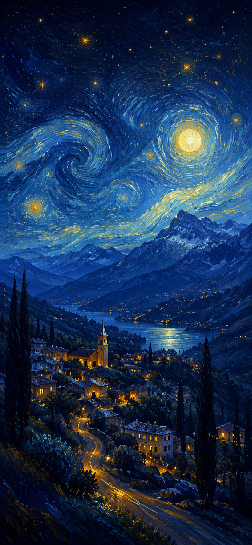 Painterly night landscape with swirling stars, golden moon, and glowing village lights over layered blue mountains.