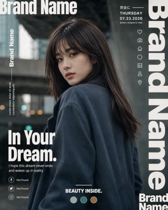 Vertical fashion editorial poster with a dark-haired model, blurred urban background, oversized white typography and layered interface graphics.