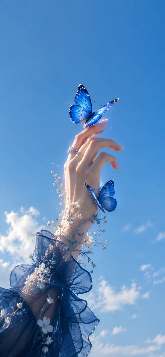 Graceful hand reaching upward beneath a vivid blue sky with two cobalt butterflies, white blossoms, and a translucent navy sleeve.
