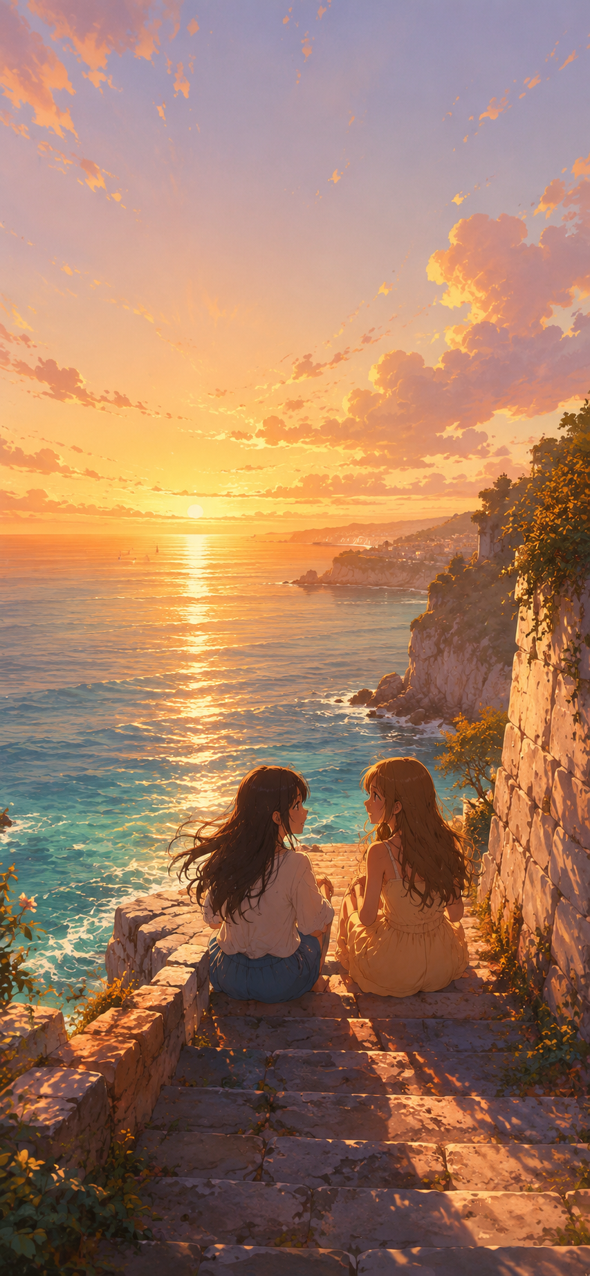Two friends sitting on seaside stone steps overlooking a glowing ocean at sunset in a painterly anime style.