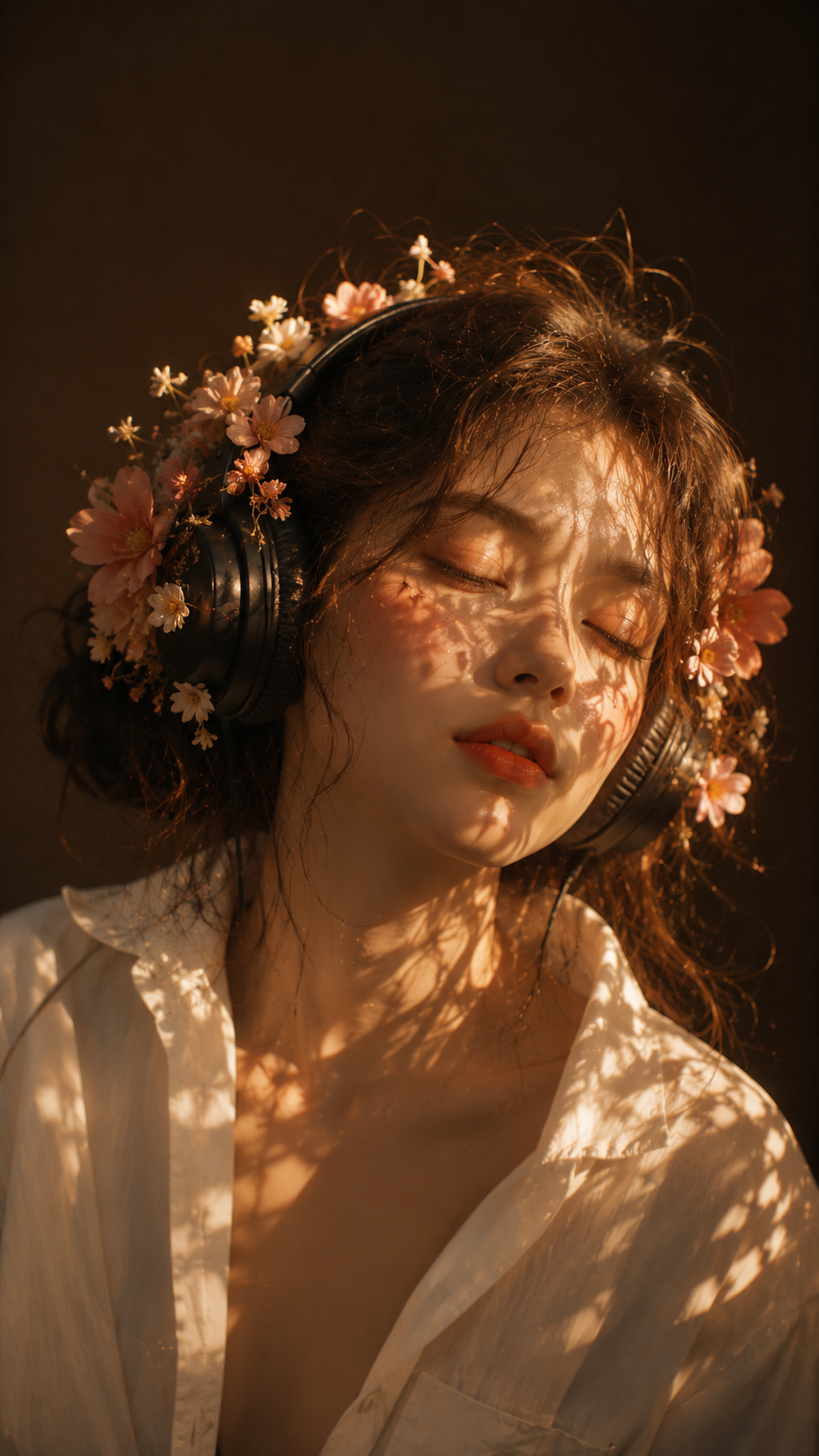 Dreamy close-up portrait of a woman wearing flower-decorated headphones and a white shirt in warm botanical sunlight.