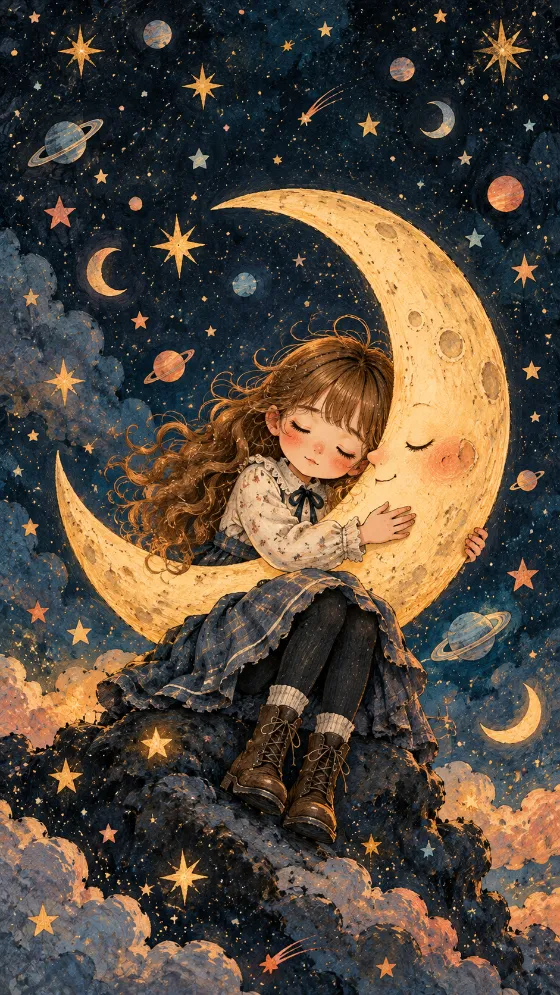 Illustrated girl with curly hair hugging a large yellow crescent moon beneath a star-filled blue night sky.