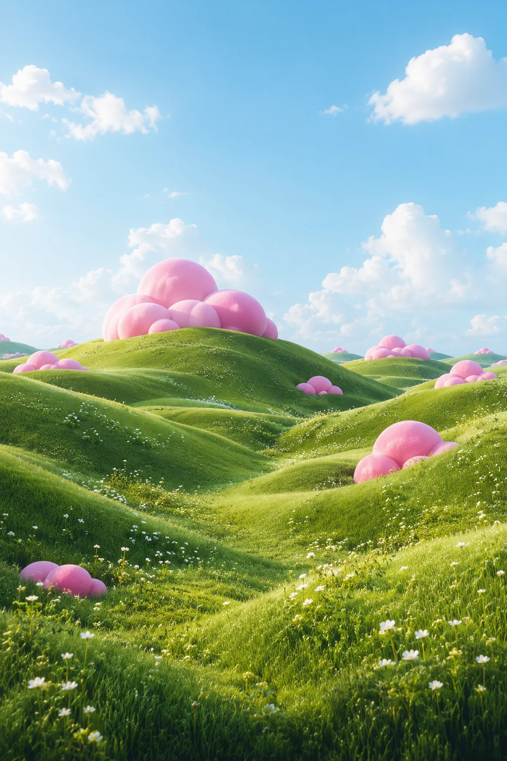 Dreamy 3D landscape of green rolling hills with rounded pink cloud-like forms under a blue sky.