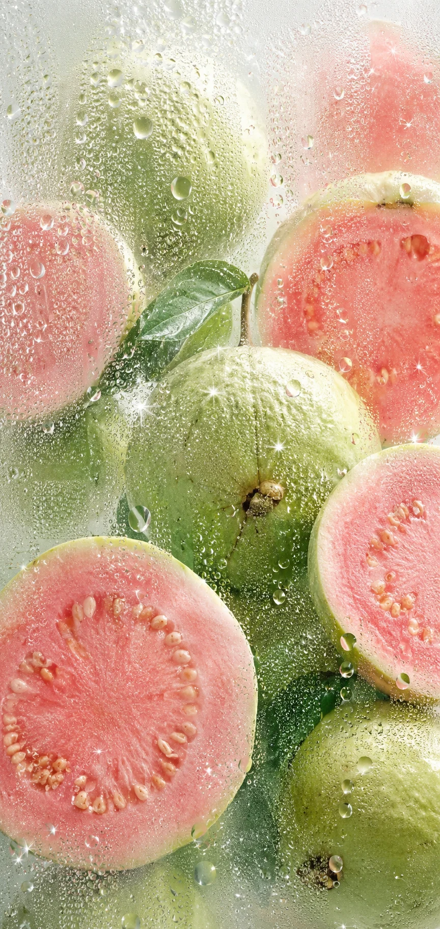 Green and pink guavas behind condensation-covered glass in a soft pastel surreal still life.