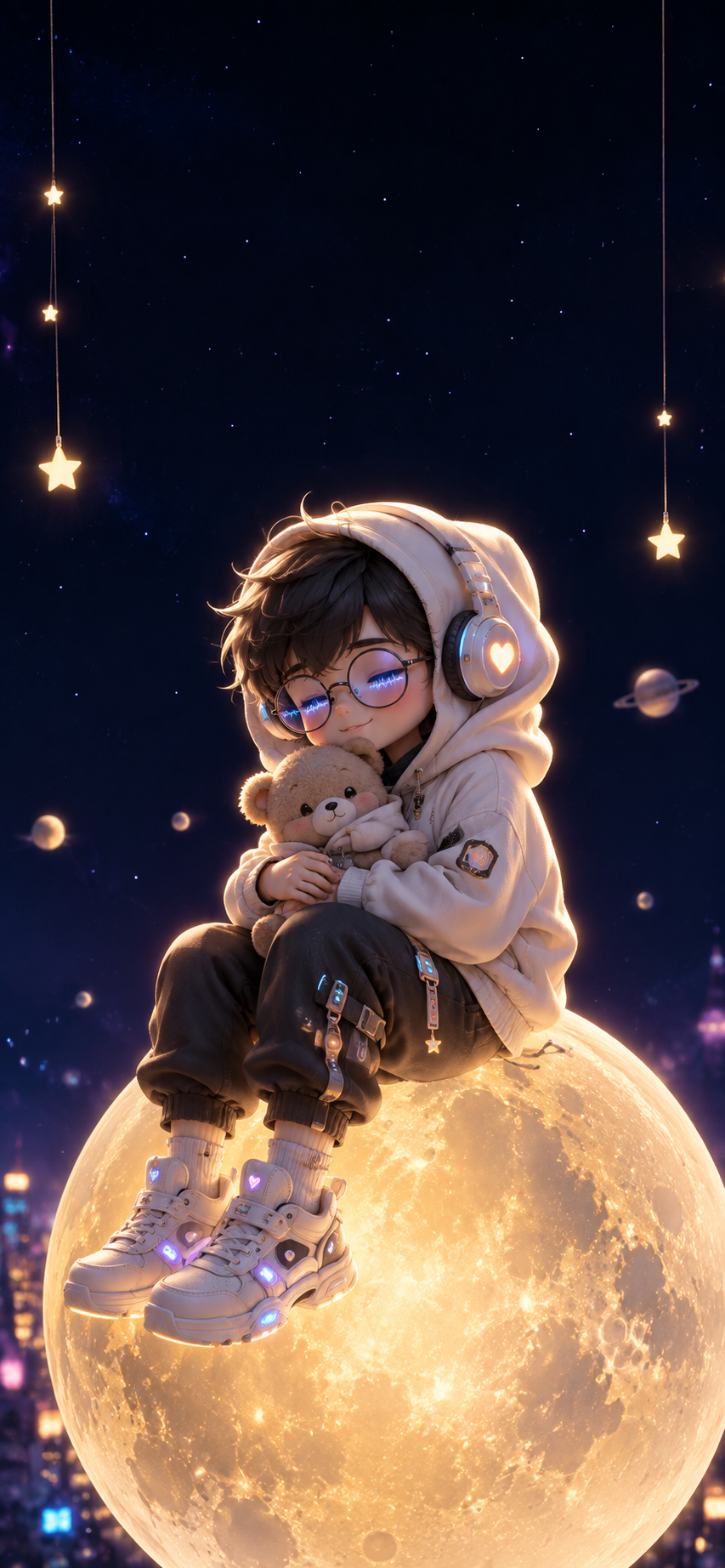 Cute hooded character wearing glowing glasses and headphones while holding a teddy bear on a golden moon surrounded by stars and cosmic lights.