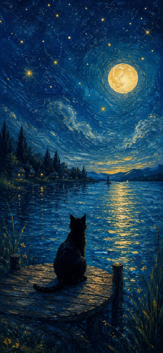 A black cat sitting on a dock overlooking a glowing moonlit lake beneath swirling stars in a painterly night scene.