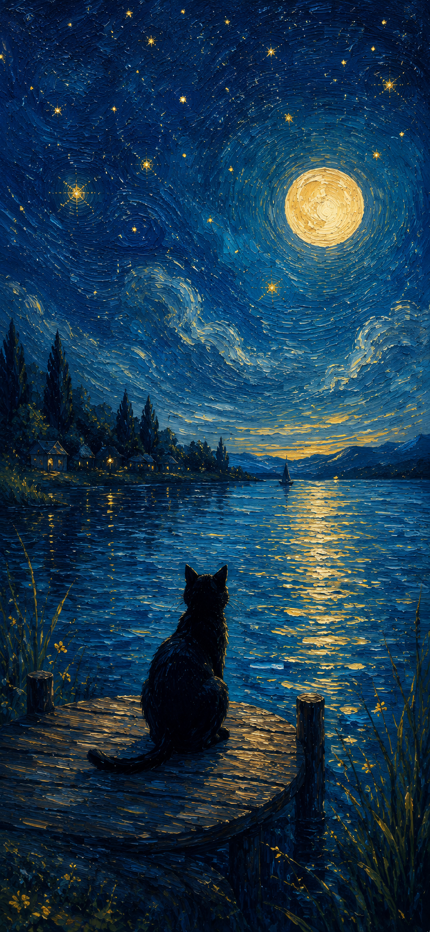 A black cat sitting on a dock overlooking a glowing moonlit lake beneath swirling stars in a painterly night scene.