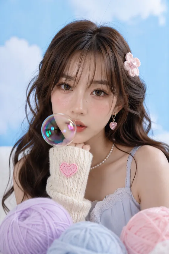Editorial beauty portrait with pastel colors and floating soap bubble.