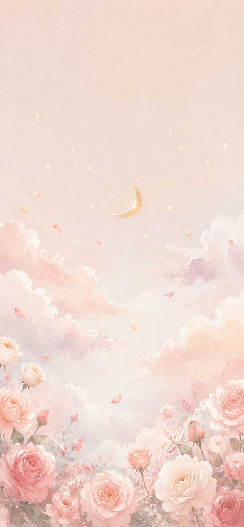 Pastel watercolor clouds with crescent moon, stars, flower petals, and roses.