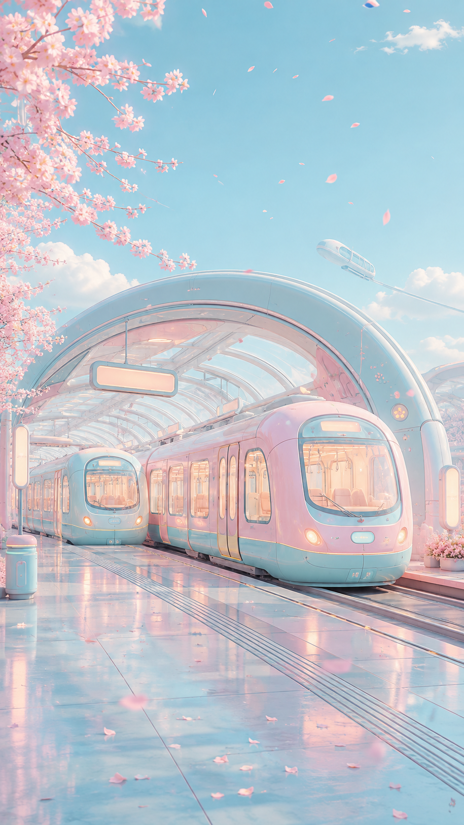 Pastel aqua and pink futuristic trains beneath a curved station arch with cherry blossoms, glowing windows, blue sky, and reflective flooring.