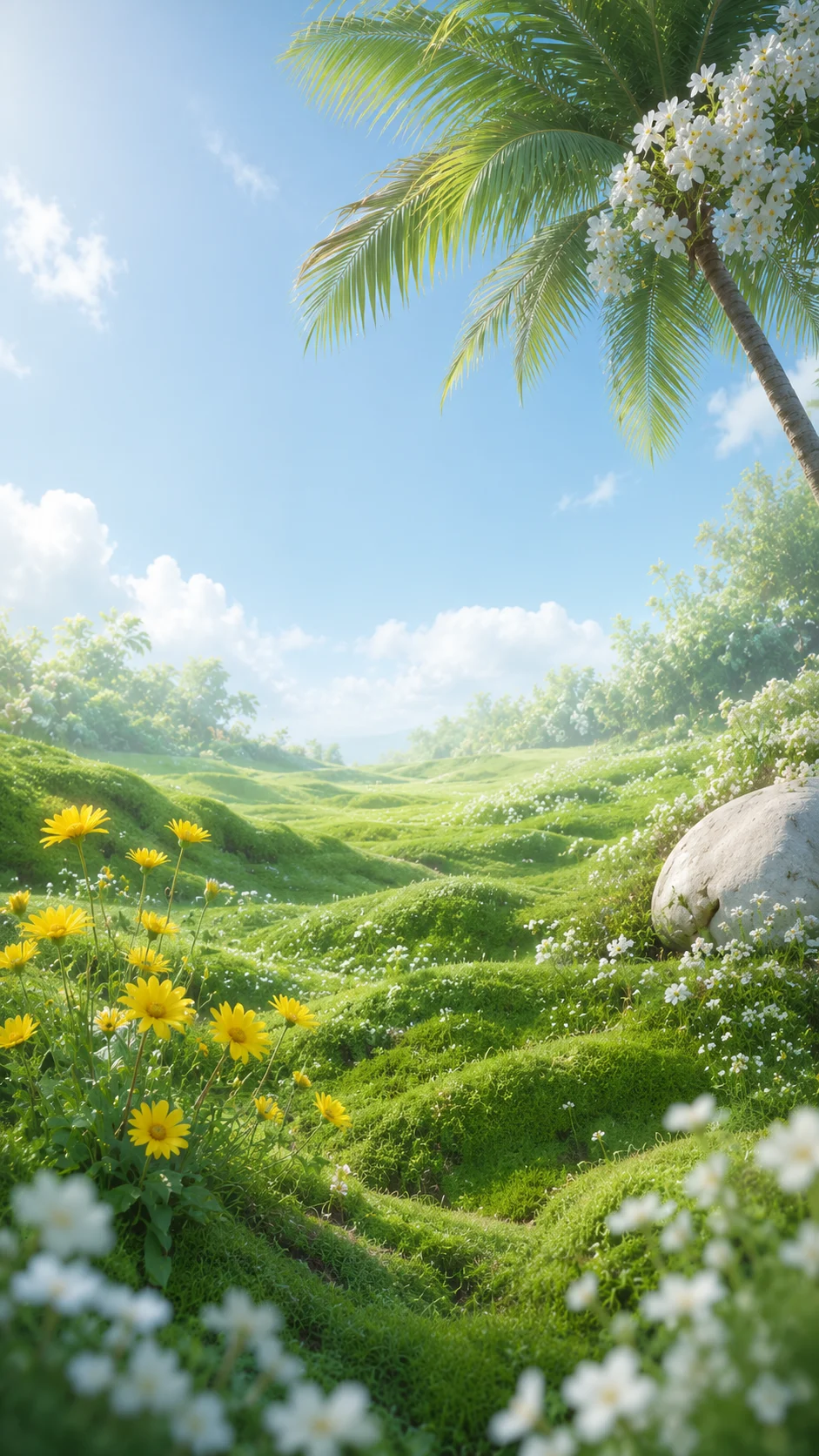 Whimsical tropical meadow with green rolling hills, yellow flowers, white blossoms, palm leaves, and a pale blue sky.
