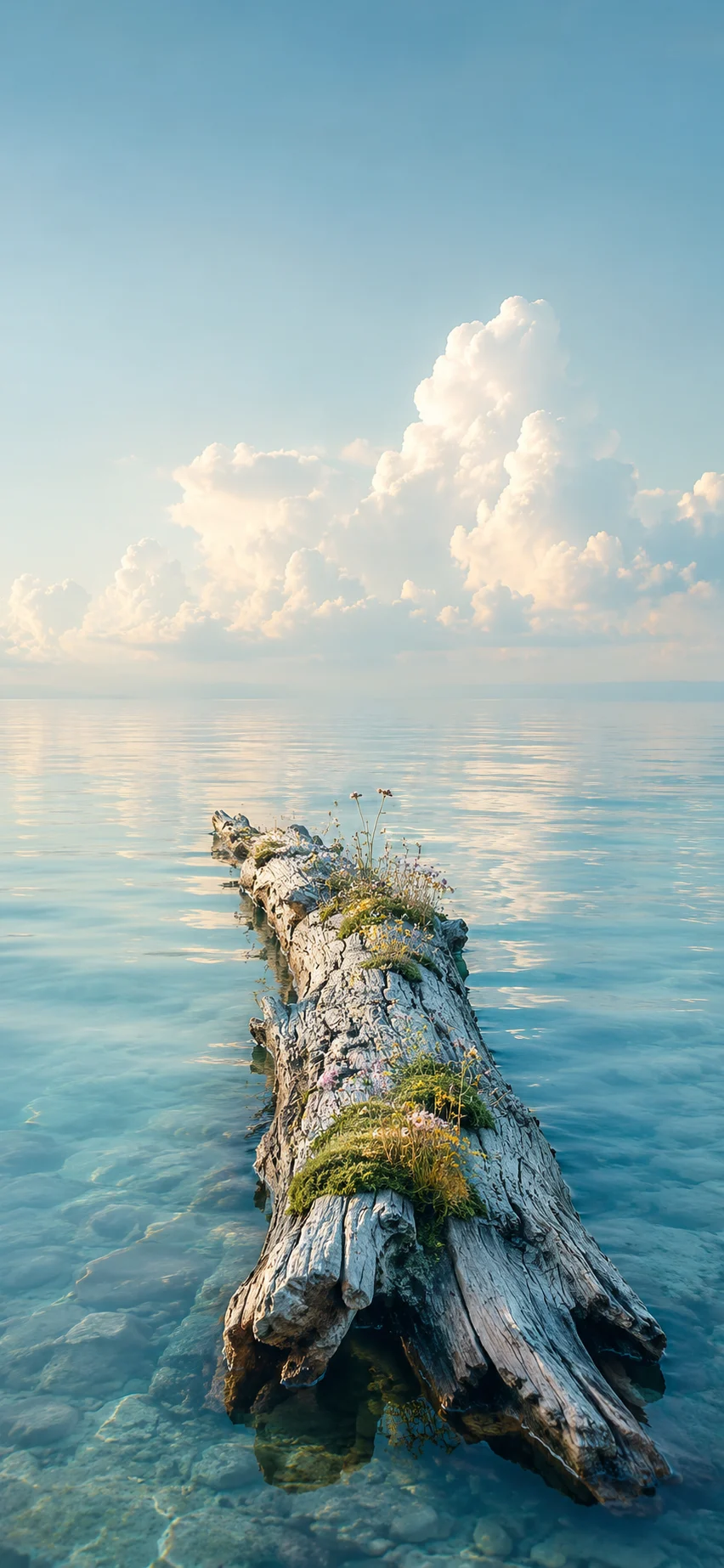 Weathered driftwood log with small plants stretching into clear calm water beneath large sunlit clouds.