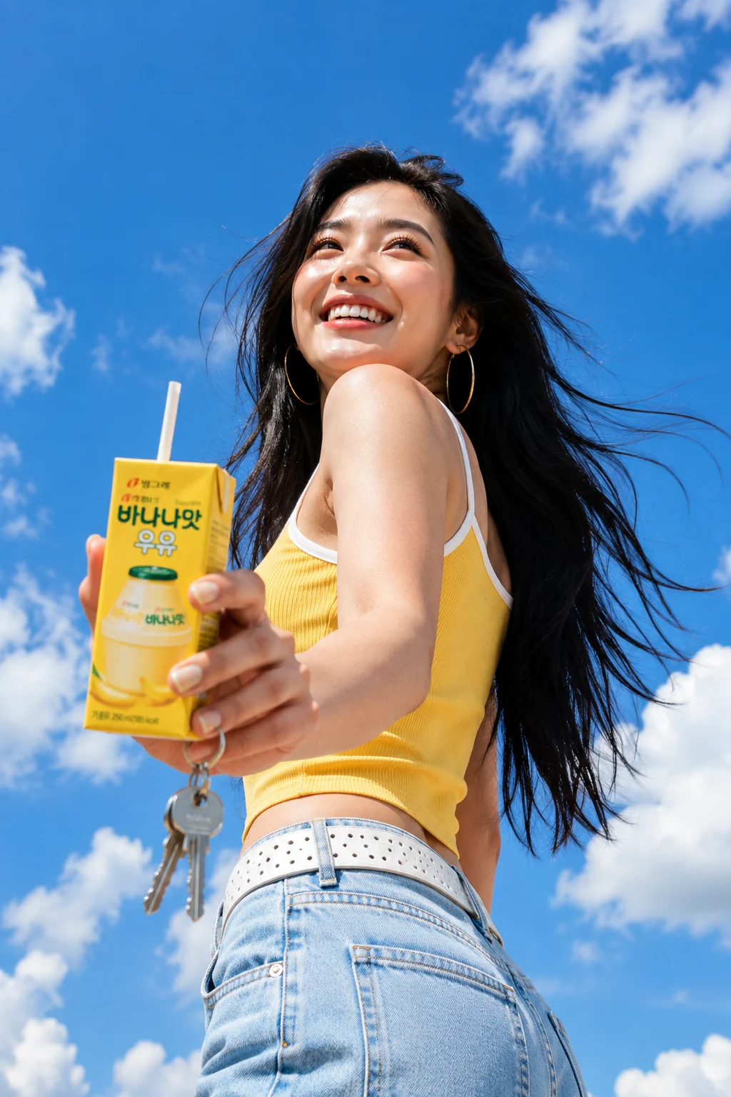 Commercial outdoor portrait with yellow outfit, blue sky, and product-forward composition.