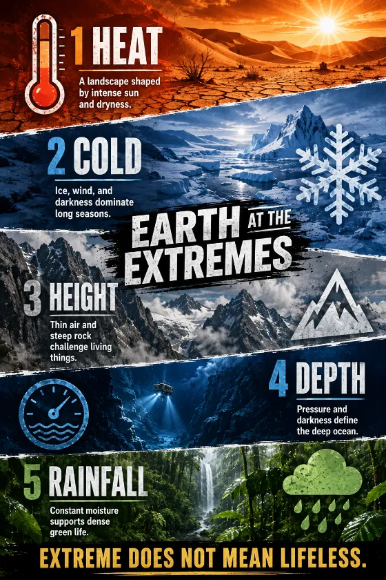 Educational Earth extremes fact board with five diagonal environmental strips, large icons, bold headings, and the statement that extreme does not mean lifeless.