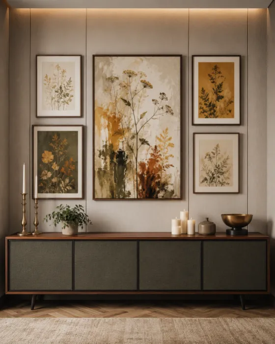 Curated botanical gallery wall above a warm neutral sideboard with brass decor, candles, greenery, and earthy artwork.