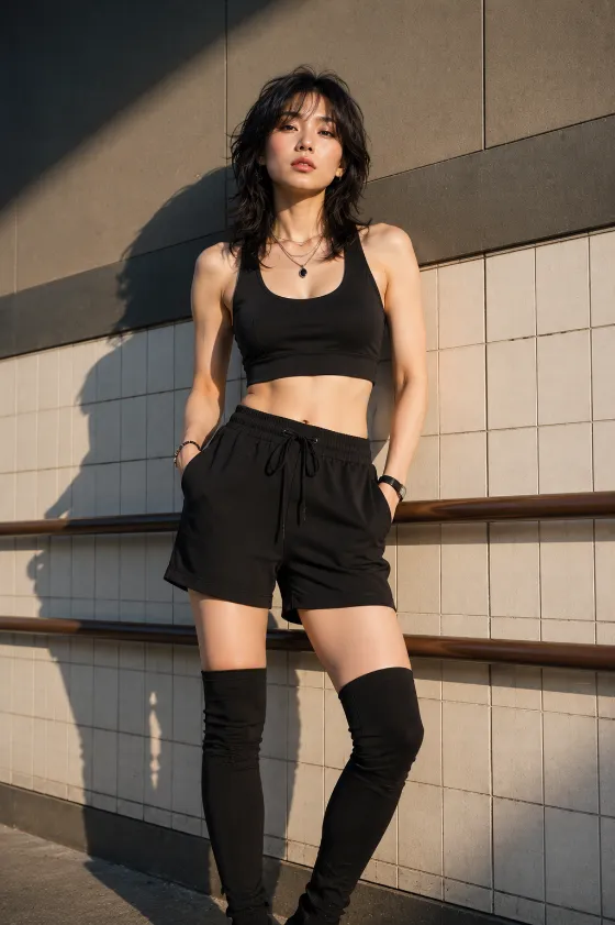 Young East Asian fashion subject with soft ivory skin and a shoulder-length wolf cut standing against a tiled wall in a black cropped athletic top, black drawstring shorts, and dark over-the-knee legwear.