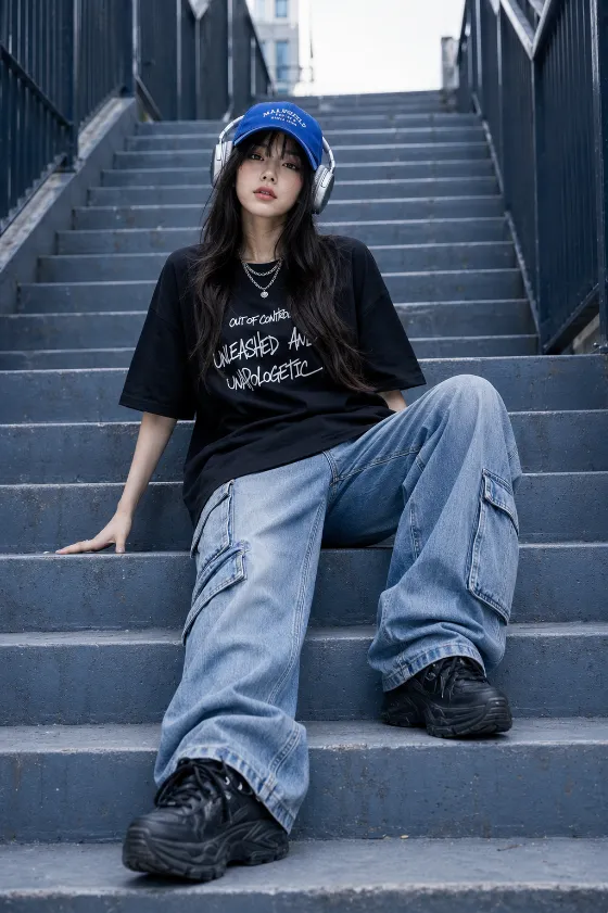 Young East Asian fashion subject with porcelain skin and long glossy layered hair with curtain bangs seated on outdoor blue-gray stairs wearing a blue cap, silver headphones, black graphic T-shirt, loose cargo jeans, and black sneakers.