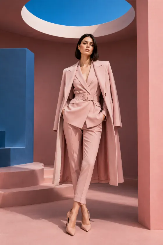 Young Eastern European fashion subject with fair skin and a sleek blunt lob wearing a blush-pink tailored coat, wrap blazer, cropped trousers, and pointed heels in a geometric studio.