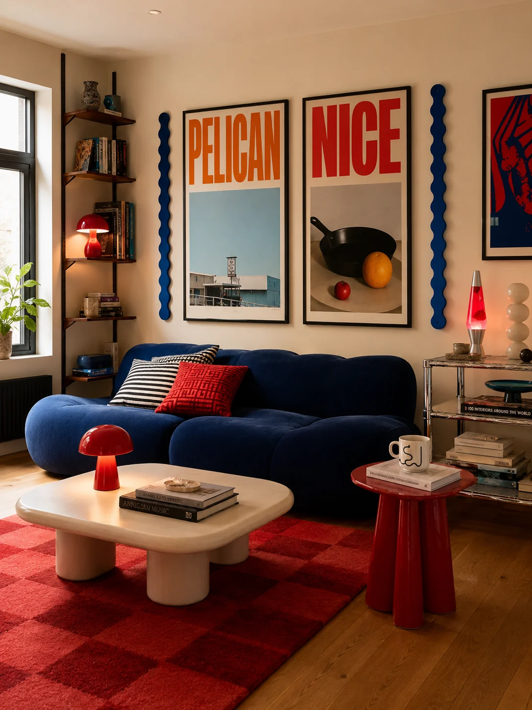 Eclectic living room with a navy curved sofa, red checkerboard rug, framed graphic posters, sculptural red furniture, and warm wood flooring.
