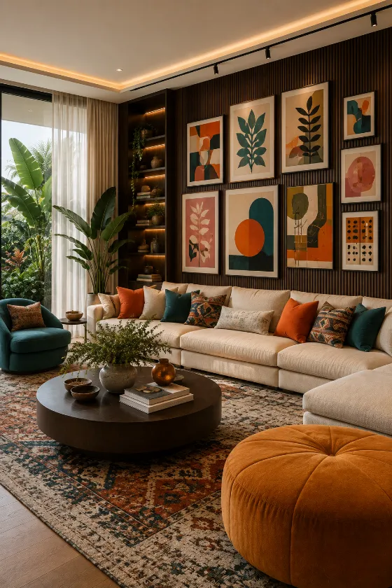 Eclectic contemporary living room with neutral sectional, dark wood gallery wall, tropical plants, teal chair, orange cushions, and mustard ottoman.