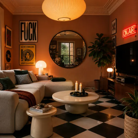 Eclectic contemporary living room with pale sectional sofa, checkerboard floor, graphic posters, circular mirror, plants, and neon sign.