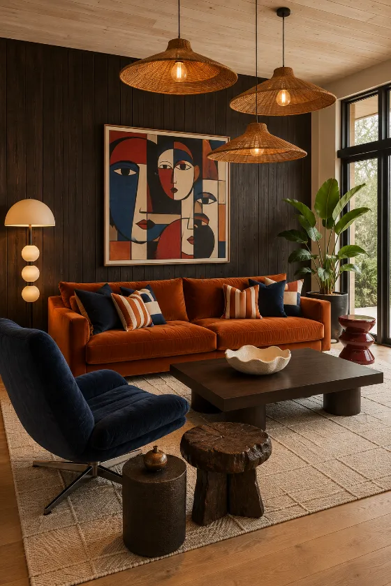 Warm eclectic living room with burnt-orange sofa, woven pendant lights, dark wood wall, navy chair, and natural wood floor.