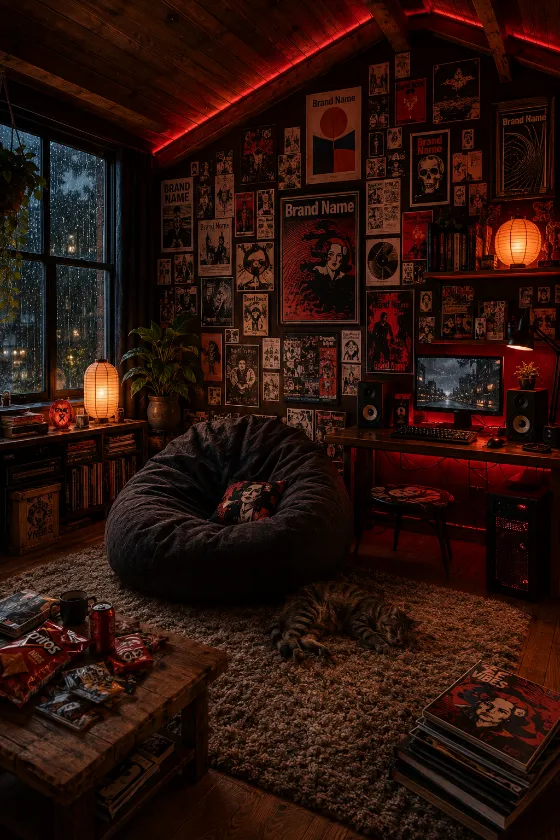Moody red-lit creative bedroom with beanbag chair, editorial wall collage, books, magazines, rainy windows, cat, and workstation.