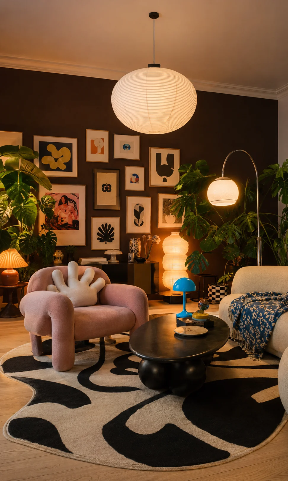 Eclectic contemporary living room with sculptural blush seating, gallery wall, tropical plants, graphic rug, and layered warm lamps.