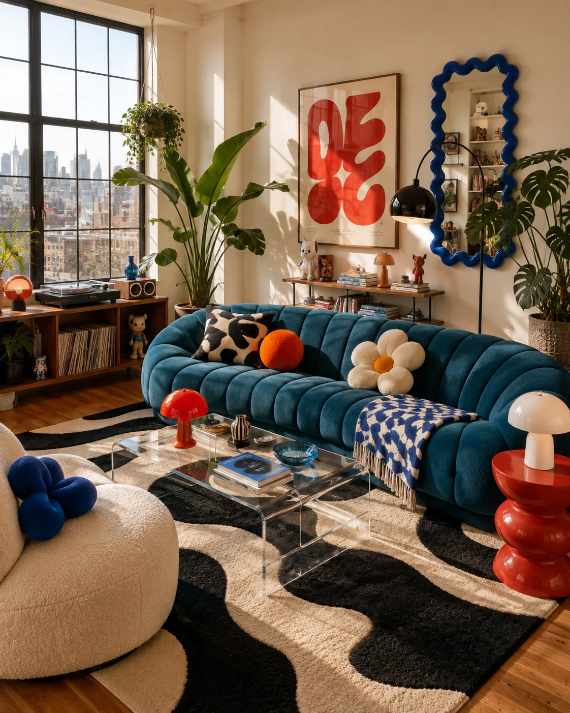 Eclectic living room with deep teal curved sofa, graphic cushions, wave rug, acrylic coffee table, plants, and urban windows.