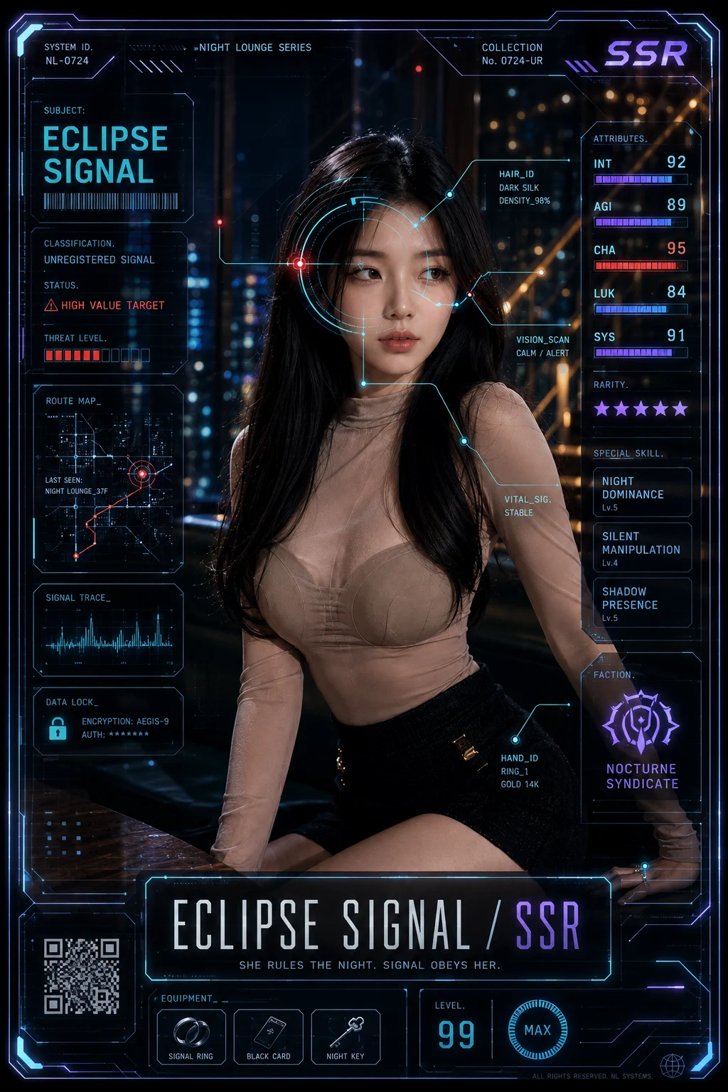 Vertical sci-fi trading card of a woman with black hair in a night lounge, overlaid with cyan scan ring and glass UI panels showing SSR rarity and sta