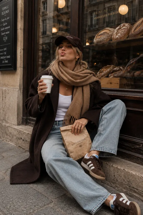 Casual editorial portrait outside a bakery with coffee and cozy autumn styling.