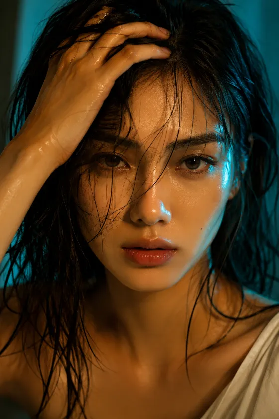 Close editorial beauty portrait with wet hair, hand on forehead, illuminated by warm amber and cool cyan lighting.