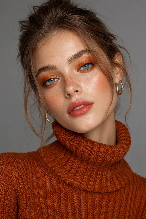 Editorial beauty portrait with autumn-inspired makeup and knit fashion.