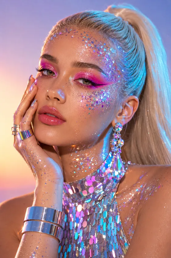 Close-up editorial beauty portrait with holographic glitter and vibrant pink eye.