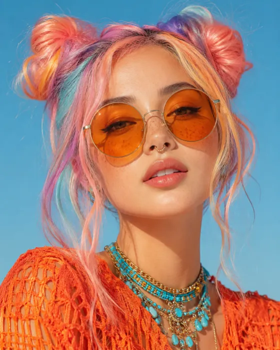 Colorful editorial beauty portrait with oversized orange sunglasses.