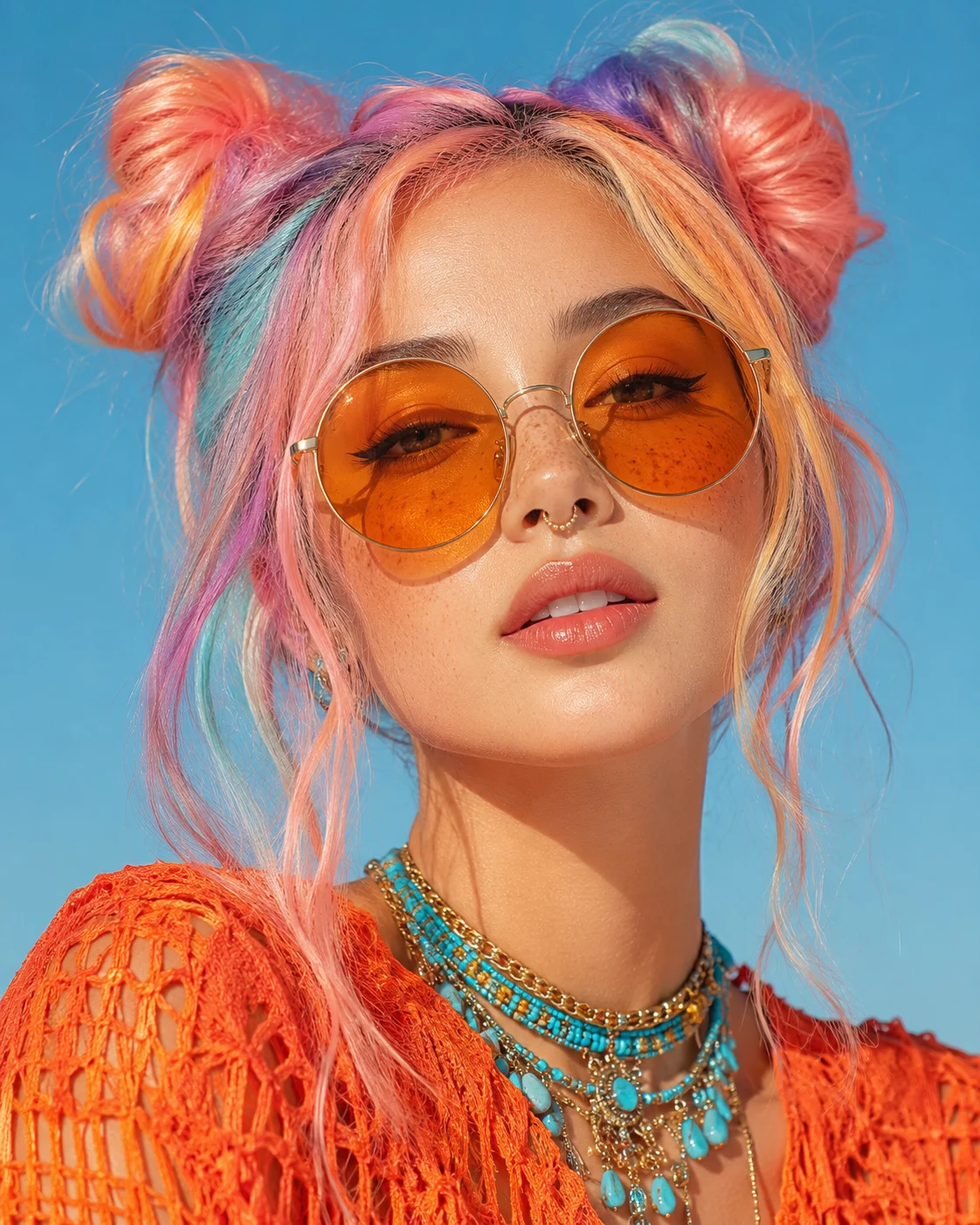 Colorful editorial beauty portrait with oversized orange sunglasses.