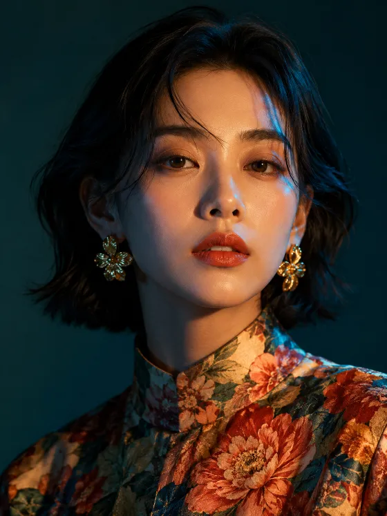 Editorial beauty portrait with cinematic split lighting and floral styling.