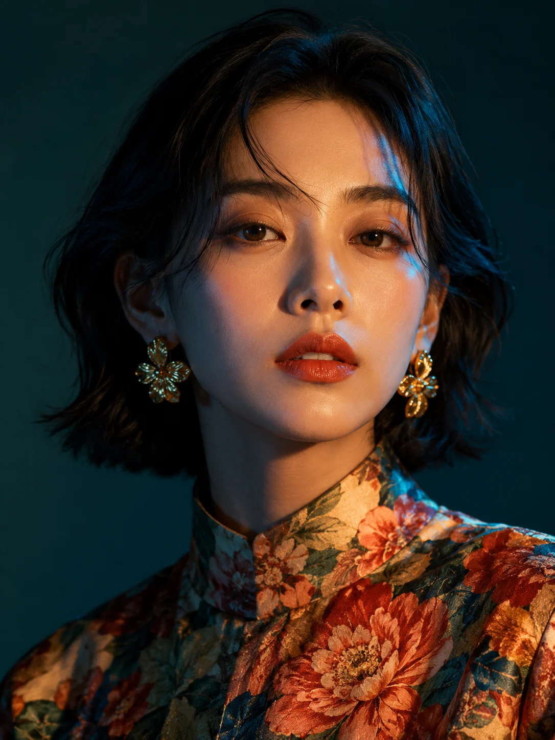 Editorial beauty portrait with cinematic split lighting and floral styling.