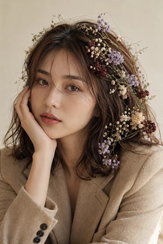 Fine-art botanical beauty portrait with dried flowers and soft studio lighting.