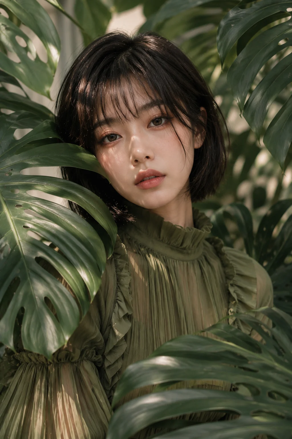 Editorial portrait of a woman in a green pleated blouse surrounded by monstera leaves in soft natural light.