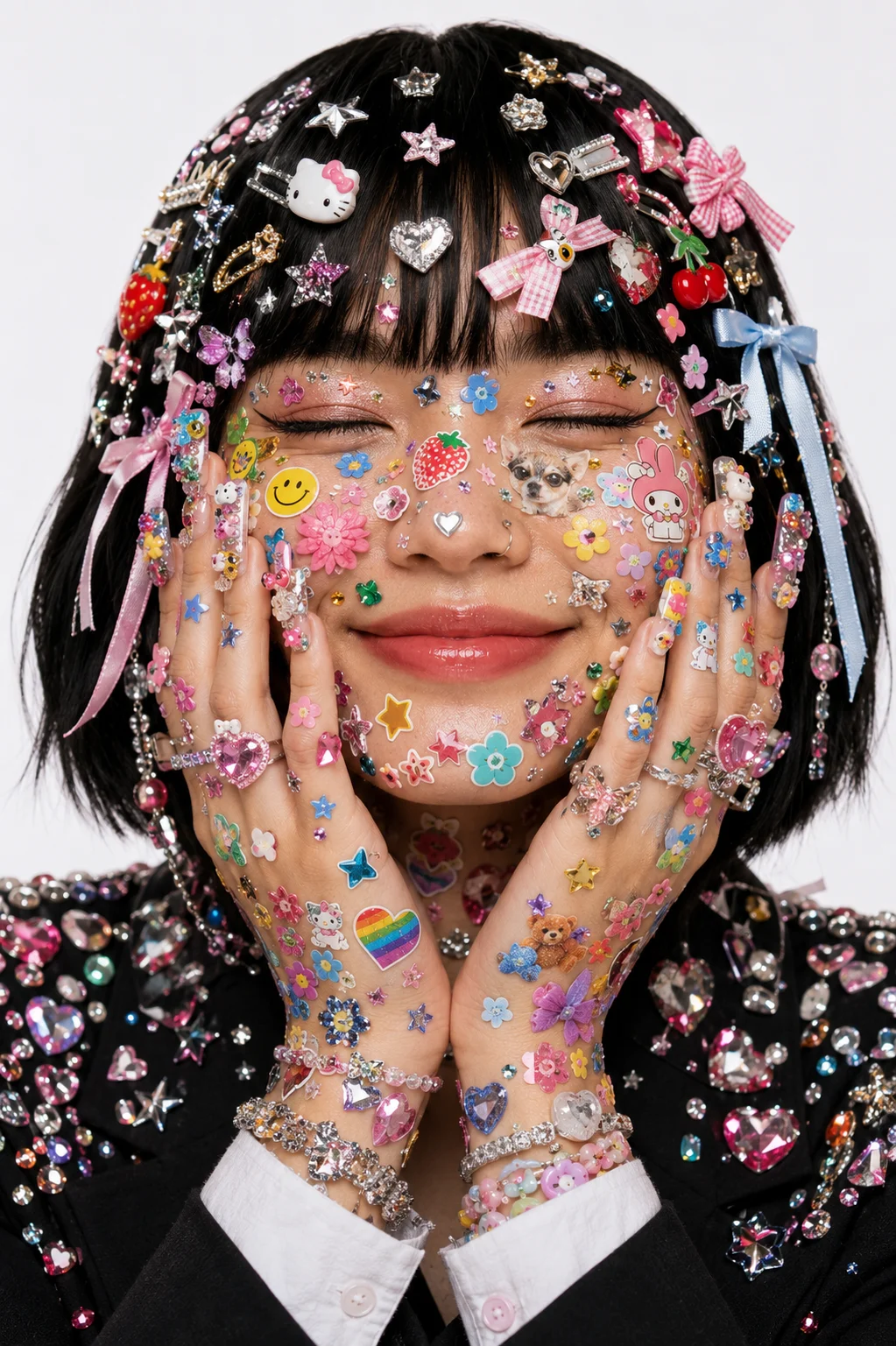 Close-up studio of a smiling subject with face covered in colorful stickers, decorative hair clips, rings, and a dark tailored jacket.