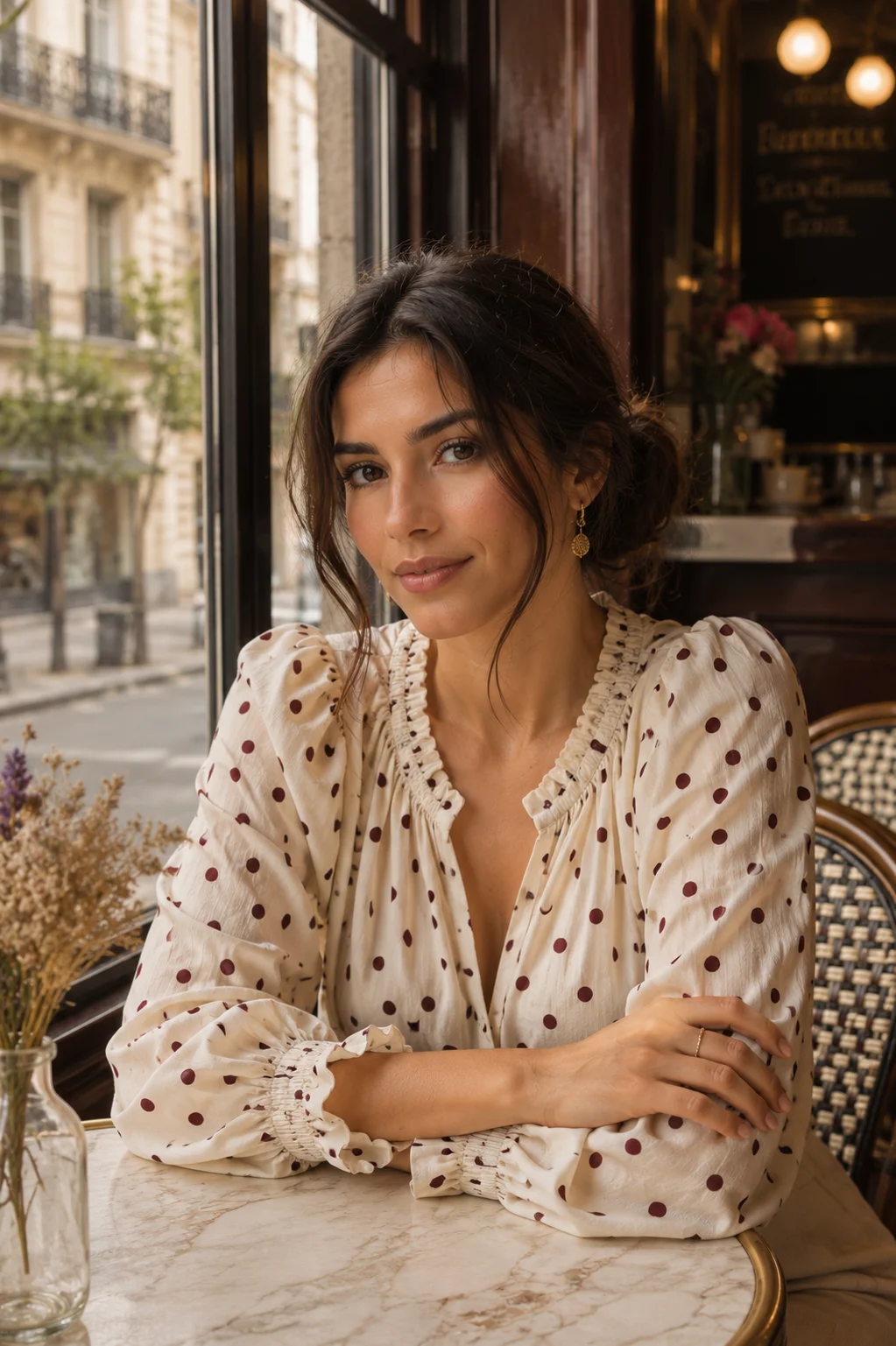 Editorial café portrait with natural window light and timeless fashion styling.