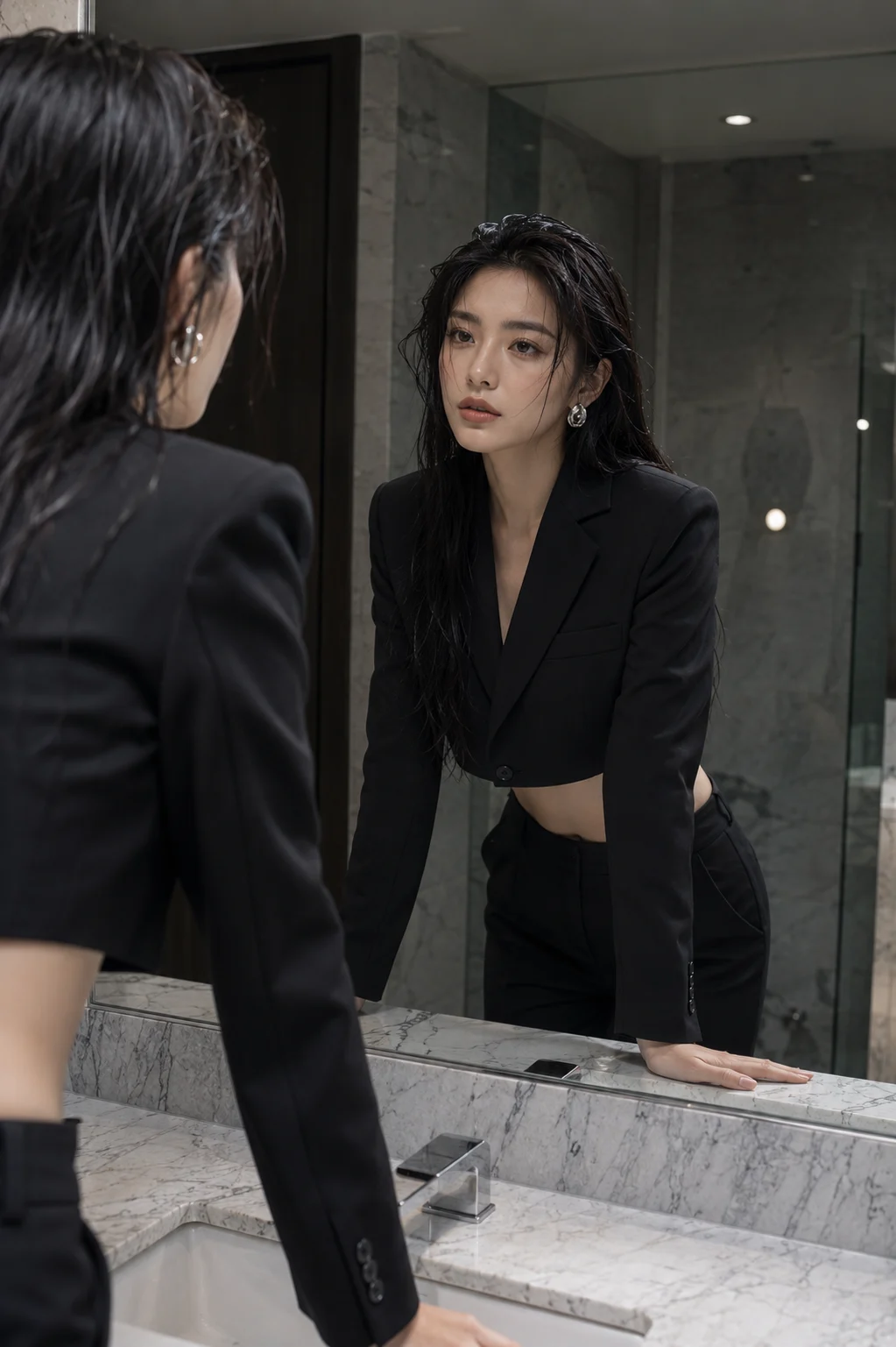 Cinematic editorial mirror portrait with contemporary fashion styling.