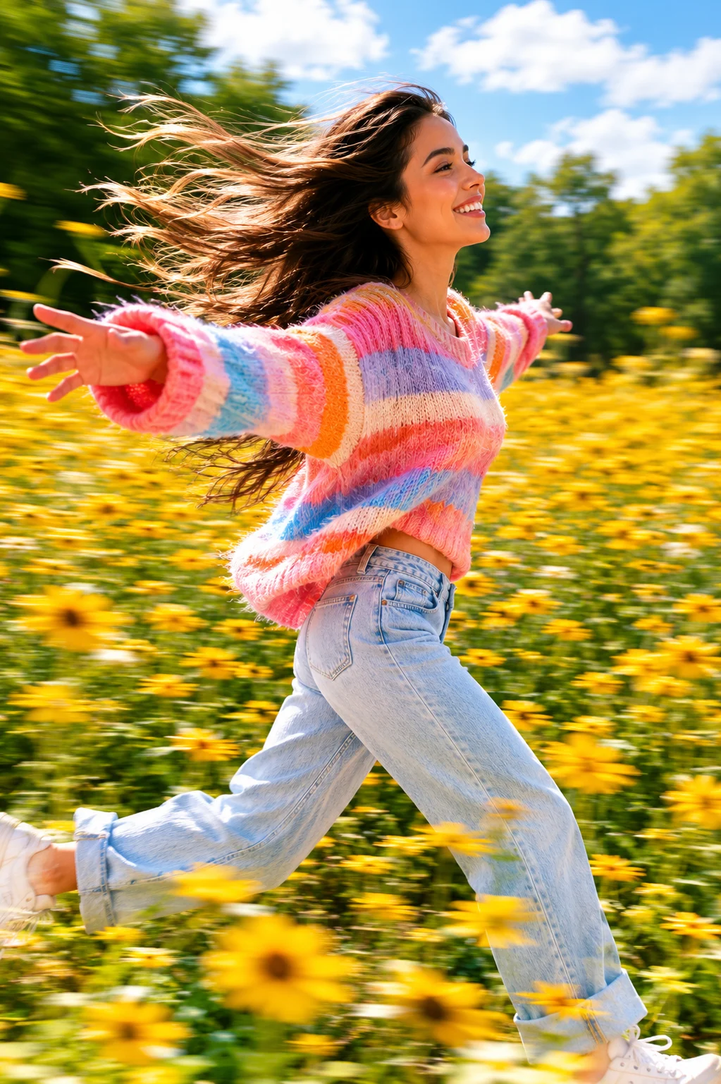A smiling fashion subject runs through a yellow flower field with artistic panning motion blur.