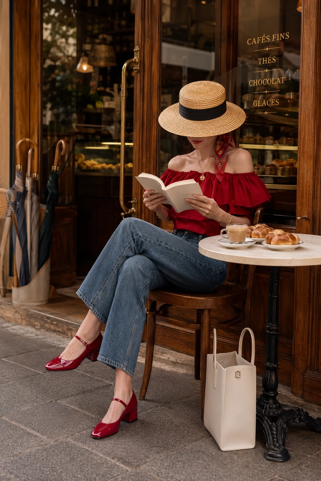 Fashion subject reading a book outside a warm café while seated beside coffee and pastries, wearing a red off-shoulder blouse and straw hat.