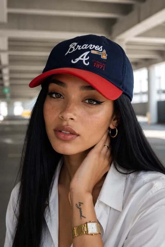 Close editorial portrait of a fashion subject wearing a navy baseball cap and white shirt inside a modern parking garage.