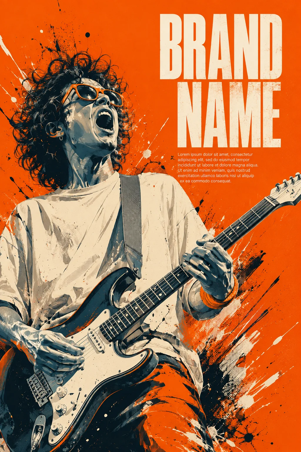 Illustration of a rock guitarist playing electric guitar with orange background and paint splashes.